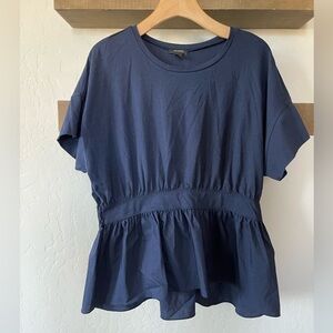 Halogen|Navy short sleeve blouse with mixed material and ruffle hem•••1X